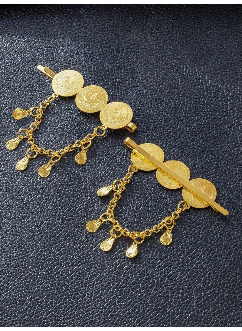 2PCS Hair Clips Gold-Plated, Tassel Bohemian Coin Fringe for Women,  Arabic Wedding Bridal Accessories Jewelry, Elegant Star Moon Pendant Choker Hair Pins Gift for Ladies Girls Eid Party - view 5